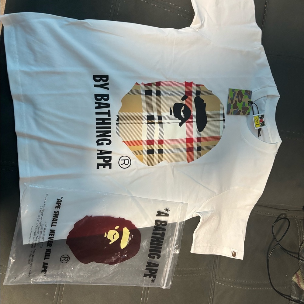 A Bathing Ape Kids' White Plaid Ape Head Short Sleeve Tee